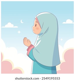 Adorable chica musulmana en hijab rezando bajo un cielo sereno con luna creciente y estrellas. Perfecto para temas islámicos, libros infantiles y contenido espiritual.
