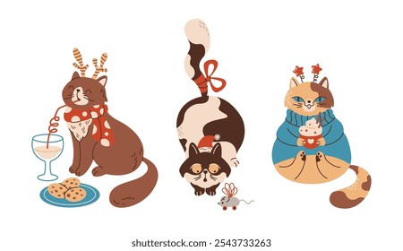 Adorable New Year cats flat color vector characters set. Animals in festive accessories for Christmas illustrations bundle on white background