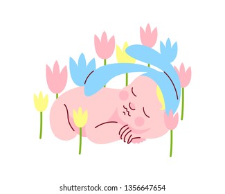 Adorable Newborn Baby in Bunny Cap Sleeping in Spring Flowers Vector Illustration