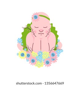 Adorable Newborn Baby Girl in Flower Headband Sleeping on Flowers Vector Illustration