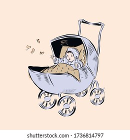Adorable newborn in pram. Lovely baby looks at butterflies. Happy childhood design. 