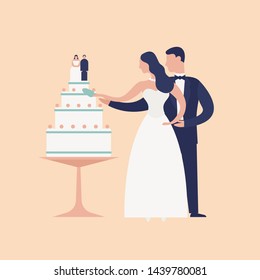 Adorable newlyweds cutting cake with topper isolated on light background. Cute romantic married couple. Bride and groom at wedding day celebration party. Modern flat cartoon vector illustration.