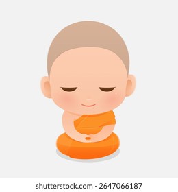Adorable novice monk in orange robe meditating peacefully, symbolizing mindfulness, calmness, and inner peace on a clean white background. Young monk, Child monk