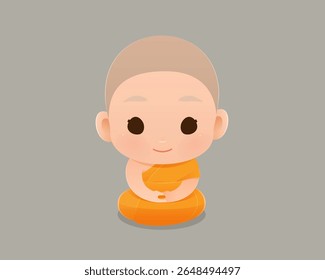 Adorable novice monk in orange robe meditating peacefully, symbolizing mindfulness, calmness, and inner peace on a clean white background. Young novice, Child monk