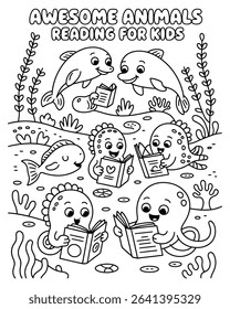 Adorable ocean animals reading books coloring page for kids