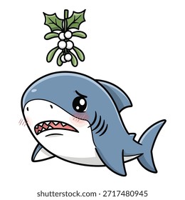 Bezauberndes ozeanisches Geschöpf fühlt sich schüchtern unter Mistelpflanze. Hai errötend im Cartoon-Stil. Wintersaisonales Vektordesign. Lustige Tiergrüße.