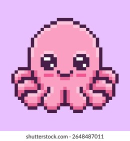 Adorable octopus character in a retro pixel art style. Featuring large, sparkling eyes and a friendly smile, making it perfect for video game sprites, stickers or cute avatars