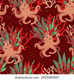 Adorable octopus with corals and algae in cartoon style.Vector children's nautical seamless pattern for print on fabric, wrapping paper for decorating children's parties in a marine style.