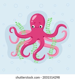 Adorable octopus in seaweed in flat style