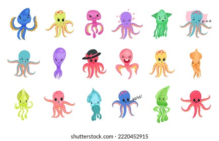 Adorable Octopus, Squid and Jellyfish Characters Vector Big Set