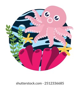 Adorable octopus swimming in colorful ocean scene Vector illustration