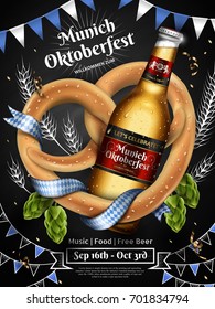 Adorable Oktoberfest ads, a bottle of beer with pretzel and hops isolated on blackboard in 3d illustration, Oktoberfest means Beer festival and Welcome you in German on top