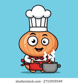 Personagem adorável cebola vestindo um chapéu de chef e avental, alegremente mexendo um vaso de comida, perfeito para temas culinários