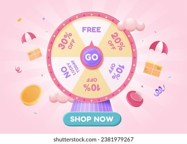 Adorable online sale ad with lucky wheel and party decors on pink ray background