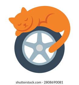 An adorable orange cat peacefully sleeps on a car wheel tire, conveying a sense of relaxation and comfort