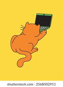 Adorable orange cat using a laptop in a cute and playful cartoon style vector illustration for pet-themed designs or tech-related content for animal lovers