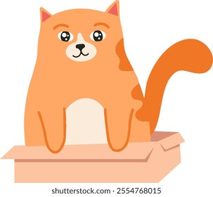 Adorable orange cat with a white belly and paws sitting playfully in a cardboard box, featuring a minimalist vector illustration set against a clean white background