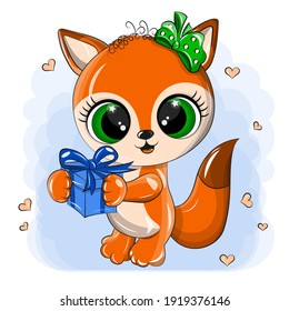 Adorable orange fox with cute green eyes. The animal is made in a cartoon style using orange and blue paints. The fox is holding a gift for friends for a holiday. The illustration is made in vector.