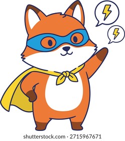 Un adorable zorro naranja vestido con una capa de superhéroe y máscara con burbujas de discurso de rayos. Ilustración vectorial plana aislada para pegatinas para niños y marca de mascotas.
