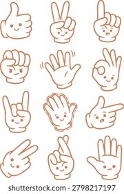 Adorable orange line art hands with smiley faces. Gestures like thumbs up, peace sign, rock on, pointing, and counting fingers. Playful communication icons.