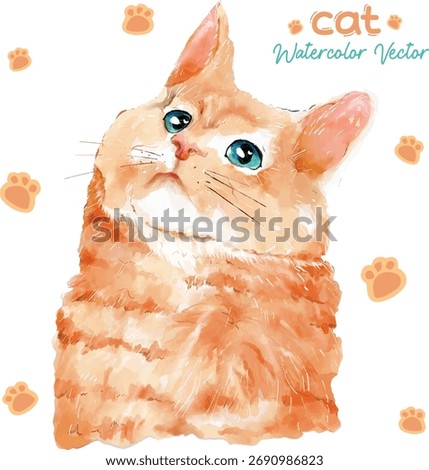 Adorable Orange Tabby Cat with Bright Blue Eyes Looking Up, Clipart watercolor illustration | Vector