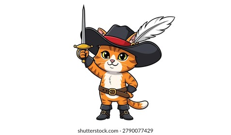 Adorable orange tabby cat character wearing a feathered hat and boots while brandishing a sword in a musketeer style illustration isolated on white.