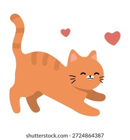 Adorable gato atigrado naranja sentado con corazones rosados flotando alrededor de un encantador gatito de jengibre que expresa amor y felicidad en un estilo de ilustración plana para el día de San Valentín y el concepto de amantes de las mascotas aislados sobre fondo blanco