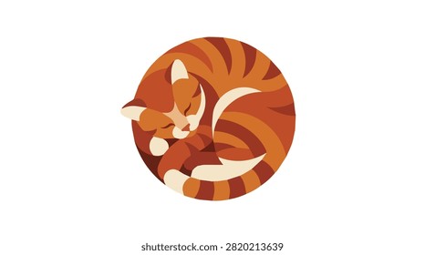 Adorable orange tabby cat sleeping curled up on a round blanket in pastel colors perfect for cozy home environments and relaxation scenes