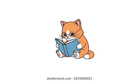 An Adorable Orange Tabby Kitten Expertly Reading a Book with Glasses