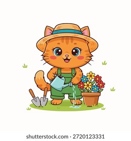 Ein bezauberndes orangefarbenes Tabby-Kätzchen, das Overalls und einen Strohhut trägt und einen Topf mit bunten Blumen mit einer Gießkanne bewässert. Gartengeräte sind in der Nähe.