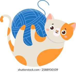 Adorable orange and white kitten curled up, playfully holding a large blue ball of yarn, isolated on white background, ideal for children s books or pet product advertising