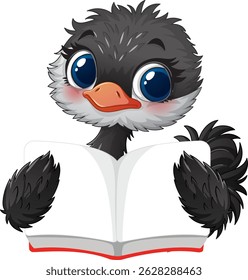 Avestruz adorável apreciando um livro com curiosidade