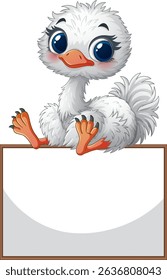 Adorable ostrich sitting on a blank sign