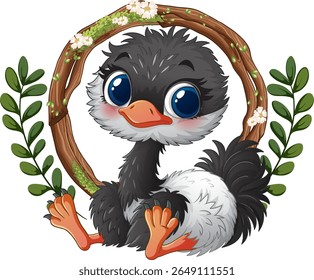 Adorable ostrich surrounded by flowers and leaves