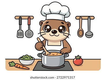 Adorable chef de nutria en sombrero blanco y delantal cocinando sopa de verduras saludables en olla en la estufa de la cocina, personaje lindo del Vector para el menú de los niños, blog culinario, recetas o concepto de diseño de decoración para el hogar.