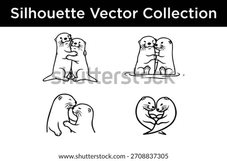 Adorable otter couples in various affectionate poses, black and white vector silhouettes for design.