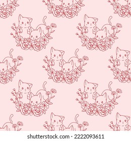 adorable outline cats and wreath cartoon seamless pattern