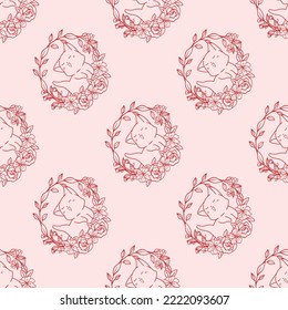 adorable outline kitty and wreath cartoon seamless pattern