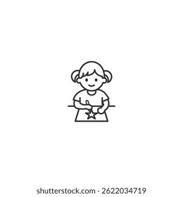 Adorable outline vector illustration of a little girl drawing with a crayon at a table. Great for educational materials, school activities, art class promotions, creative learning designs.