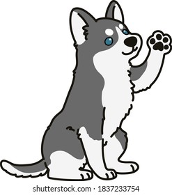 Adorable outlined grey Husky dog sitting and waving hand illustration