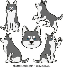 Adorable outlined grey Husky dog illustrations