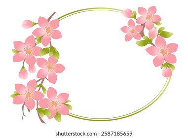 Adorable oval vector frame with blossoming sakura branches. Flat style illustration