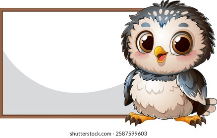 Adorable owl beside an empty rectangular sign