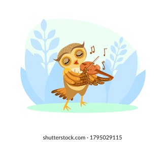 Adorable Owl Bird Character Playing Violin Cartoon Vector Illustration