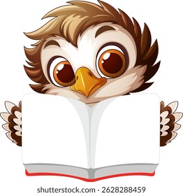 Adorable owl holding an open book, wide-eyed and curious