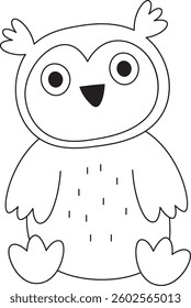 An adorable owl with large eyes and simple features in a minimalist cartoon style. The owl has a joyful expression and rounded shapes, enhancing its playful appearance. Cartoon vector illustration.