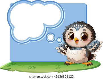 Adorable owl on grass with a thought bubble