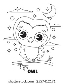 Adorable Owl Perched Happily on a Tree Branch, Bathed in Gentle Moonlight, Creating a Magical Scene for Kids