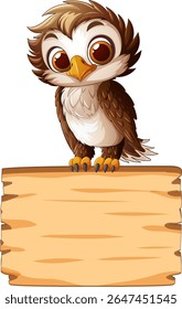 Adorable owl perched on a blank wooden sign