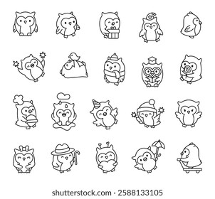 Adorable owl set with cute kawaii cartoon characters in different charming poses, expressing emotions, wearing festive accessories, and enjoying moments with sweets, and cozy winter outfits